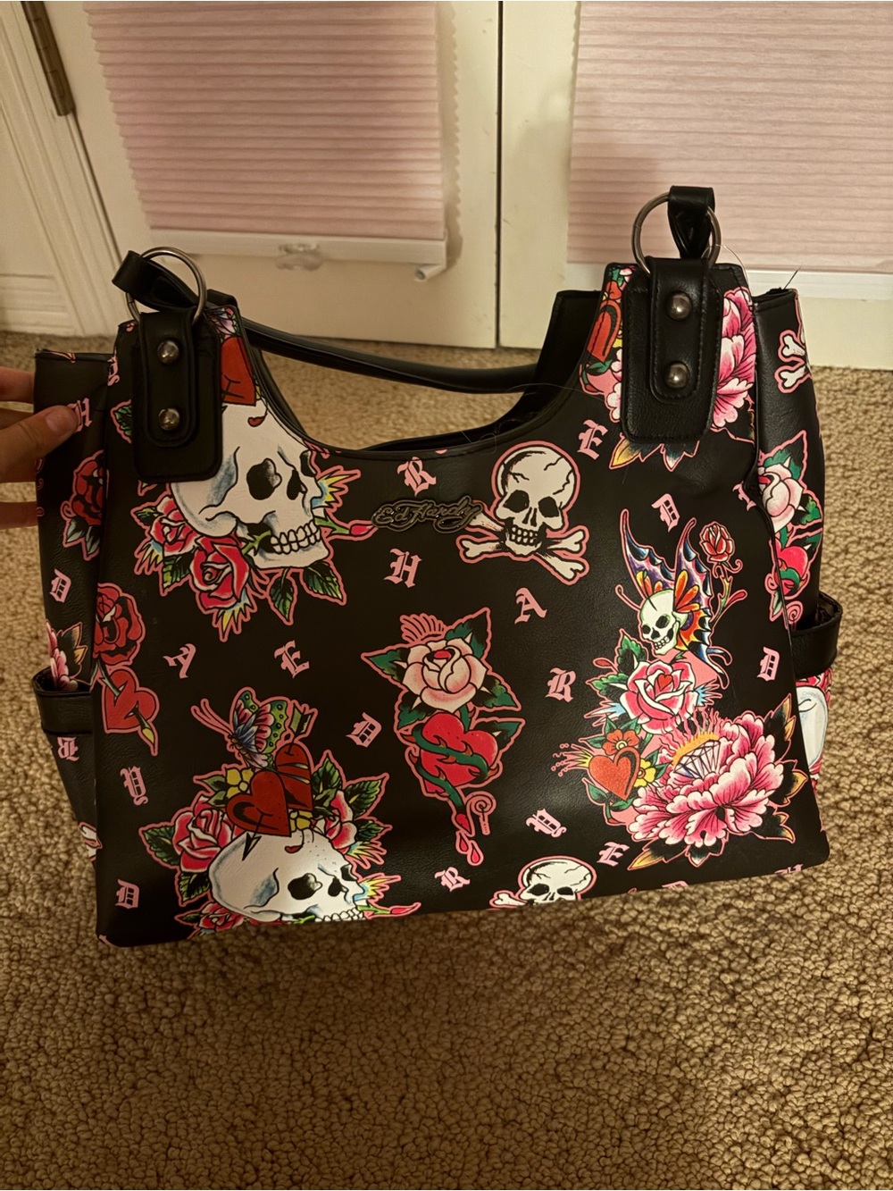 Ed Hardy Black Tote with Pink & Red Floral Skull Print